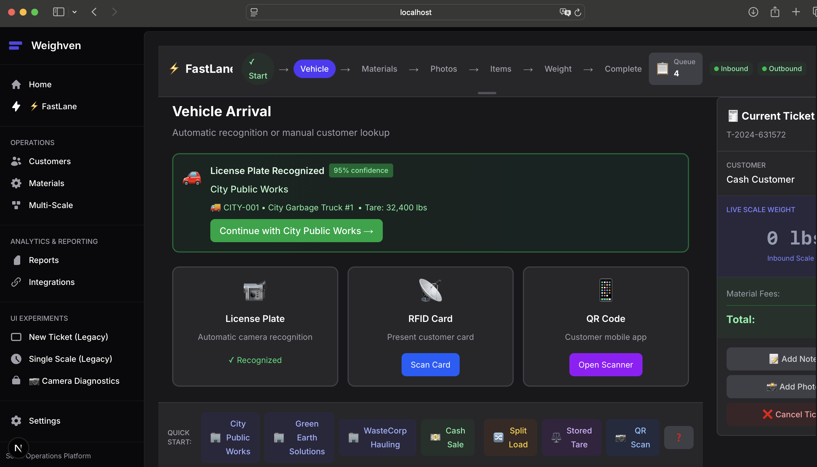 Weighven desktop dashboard showing scale house operations interface