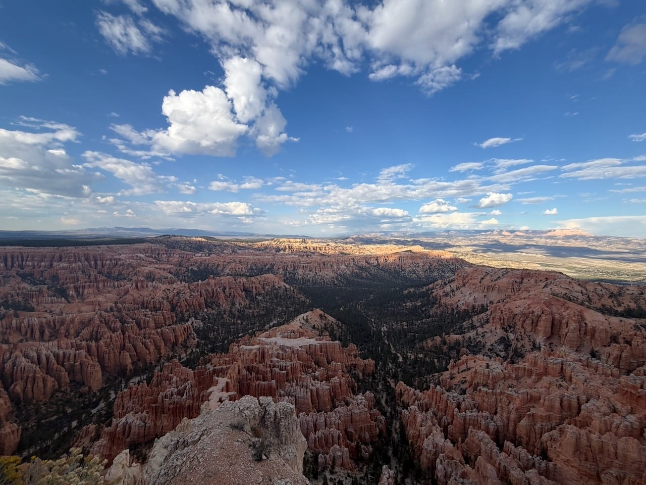A wide view over a canyon of red rock spires